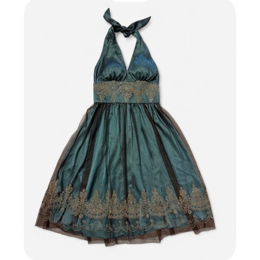 Adrianna Papell Halter Dress Teal Brown Gold Fairycore Whimsigoth Size 4